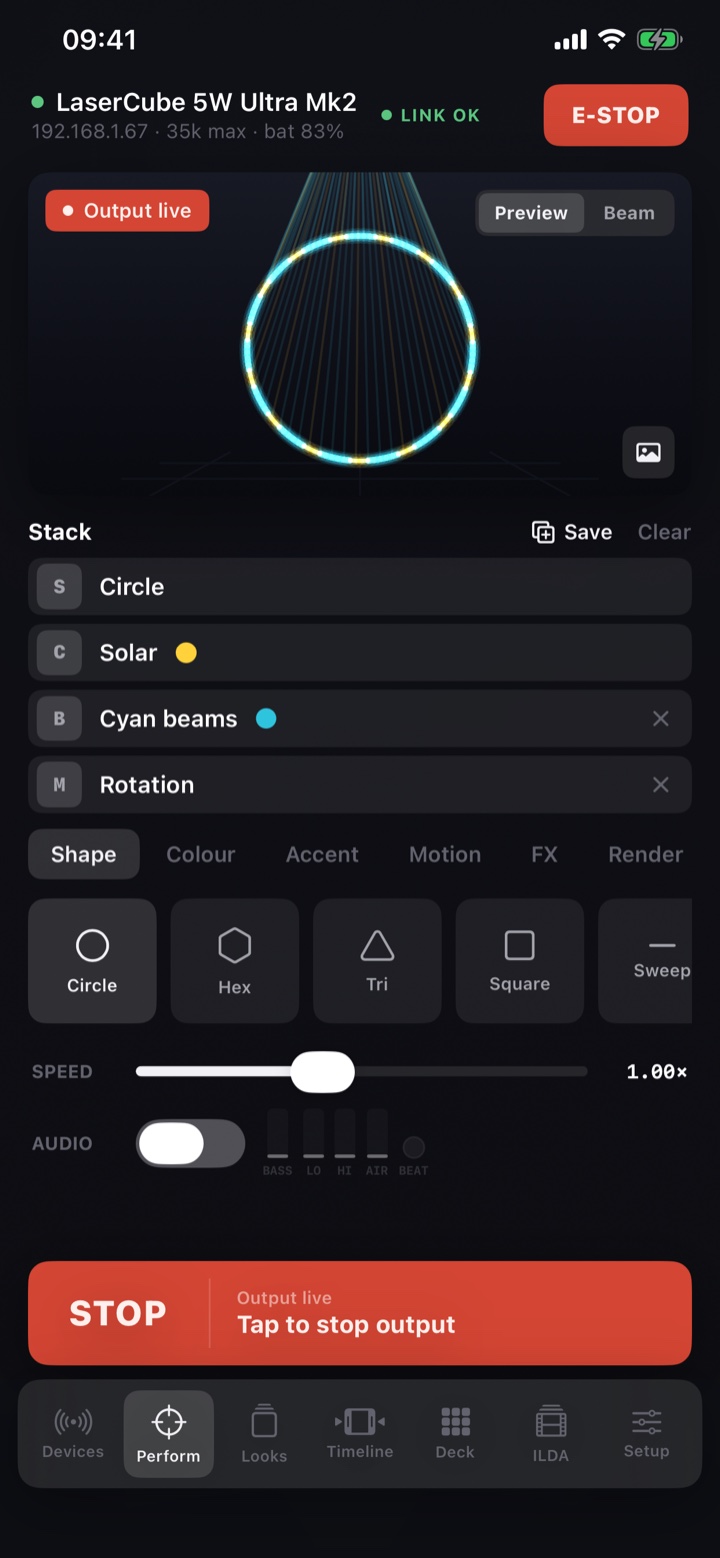 CloudLase GO running on iPhone: the Perform look builder with the live 3D laser preview