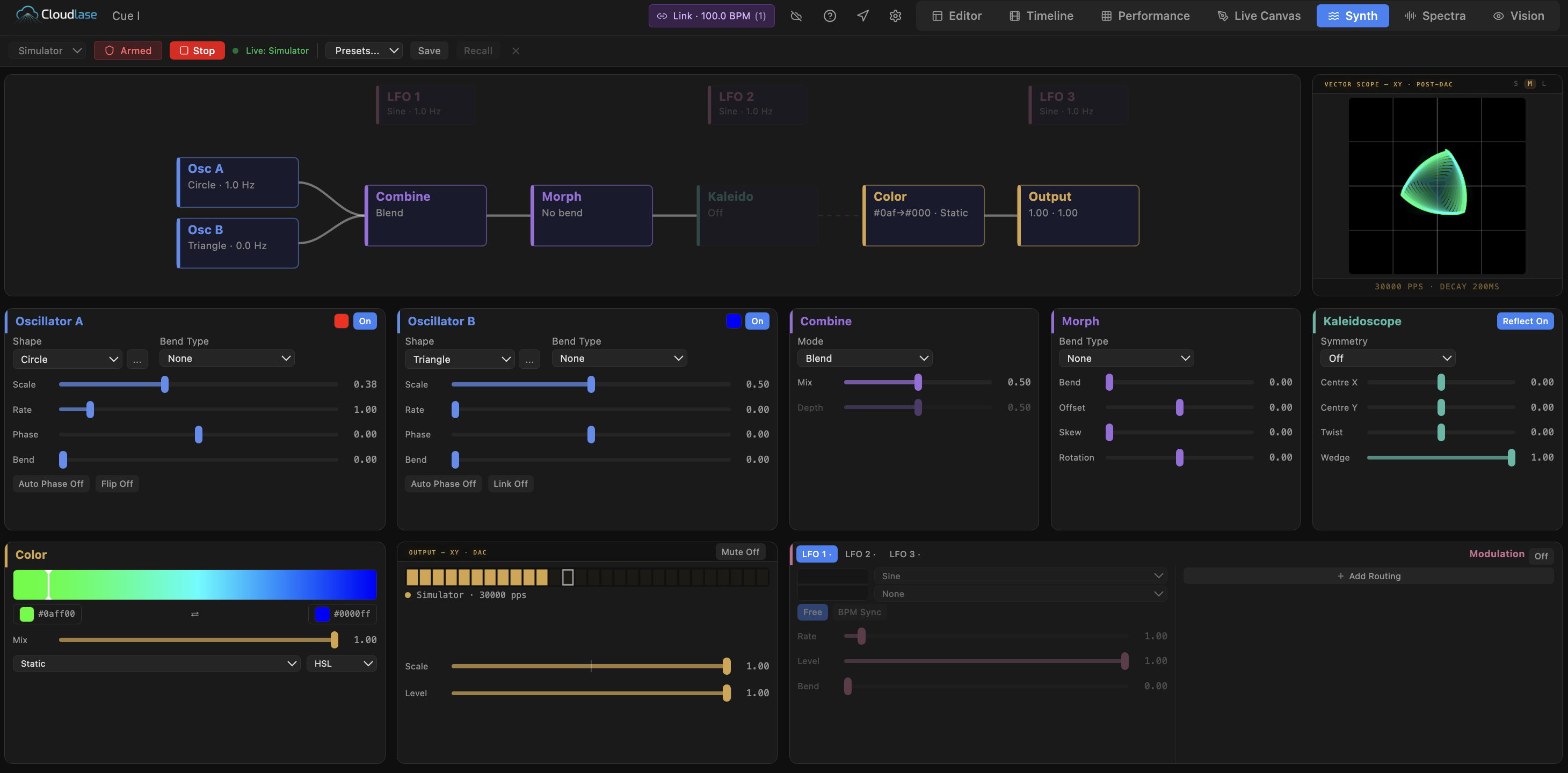 CloudLase laser synth: signal-flow graph with Osc A, Osc B, Combine, Morph, Kaleidoscope, Color and Output nodes, three LFOs, live vector scope.