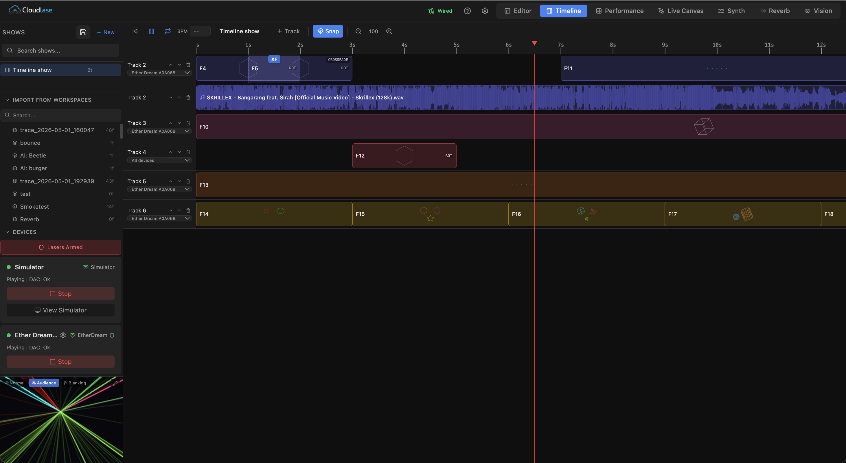 CloudLase timeline shows: multi-track timeline with laser clips, audio waveform, transitions.