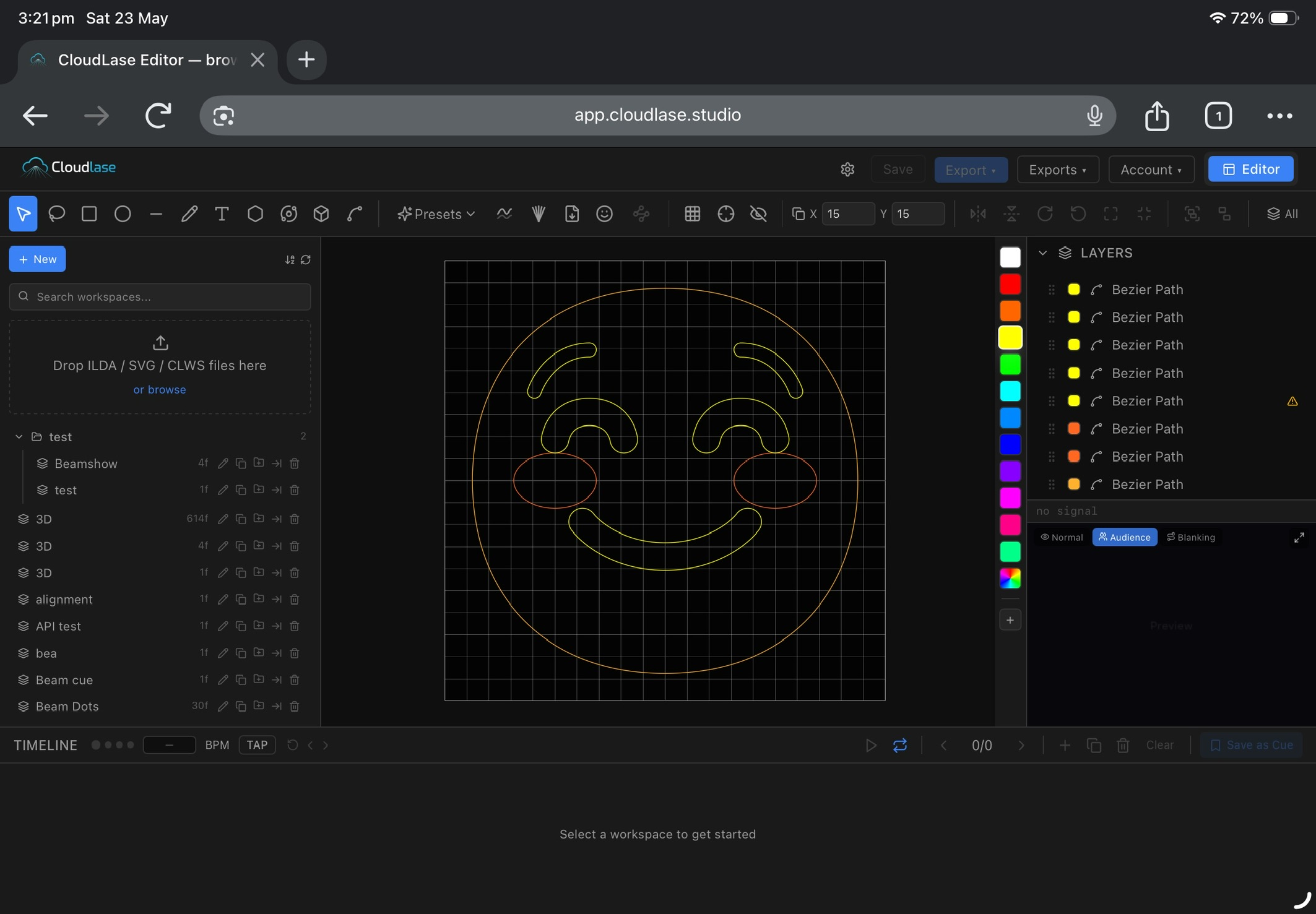 CloudLase Cloud Designer open in Safari on iPad: a yellow smiley face on the editor canvas with layers, presets, and timeline panels visible.